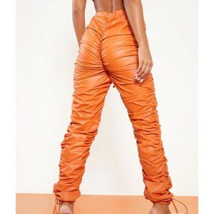 Women's Ruched Joggers Size 8 NEW Orange Faux Leather V-Waist